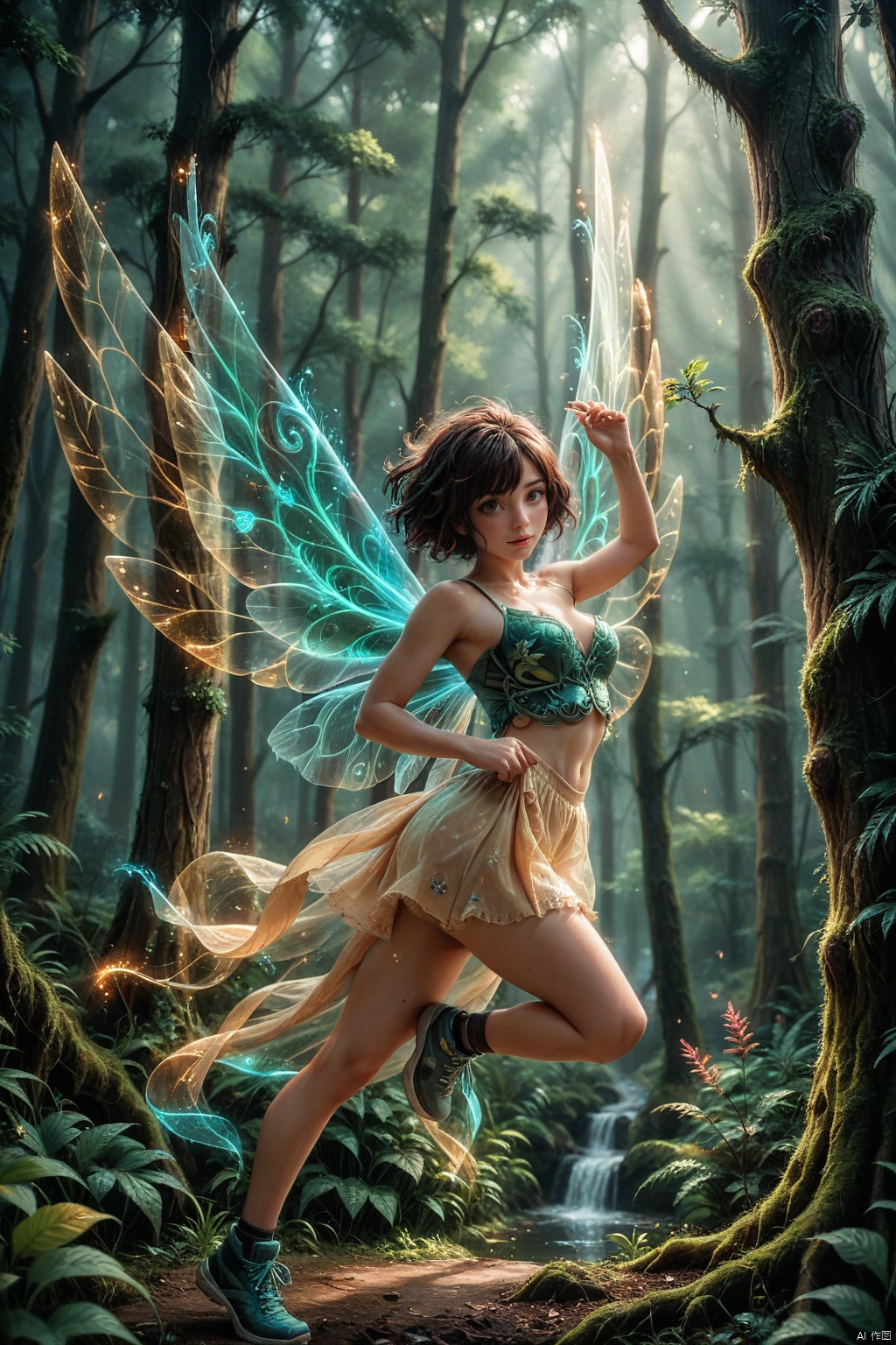 A radiant sprite soars through the air: A beam of laser light illuminates its transparent wings, delicate facial features, and a mesmerizing fantasy forest background. The sprite's exquisite body glistens with an ethereal glow as it unfurls its wings in a majestic flying pose, surrounded by misty trees and lush foliage.,score_9 score_8_up score_7_up,,Z03C