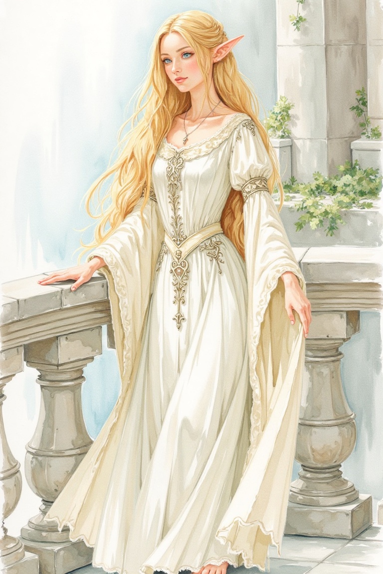 closeup. A JBarrick watercolor style. watercolor. beautiful female elf. pointy ears,  long blonde hair,  blue eyes on Tens...