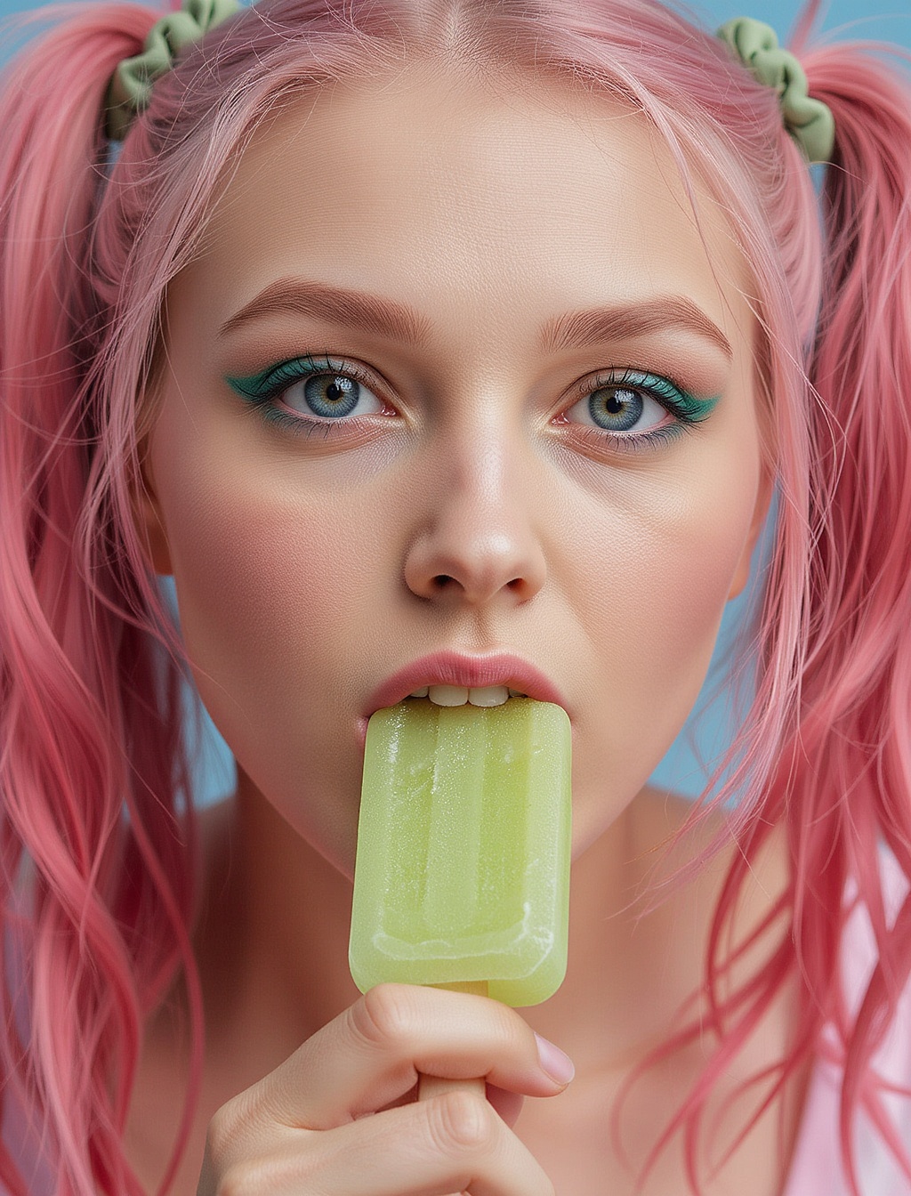 A realistic,  whimsical and playful scene of a 30s woman. a Close-up of her striking face with piercing blue eyes,  very v...