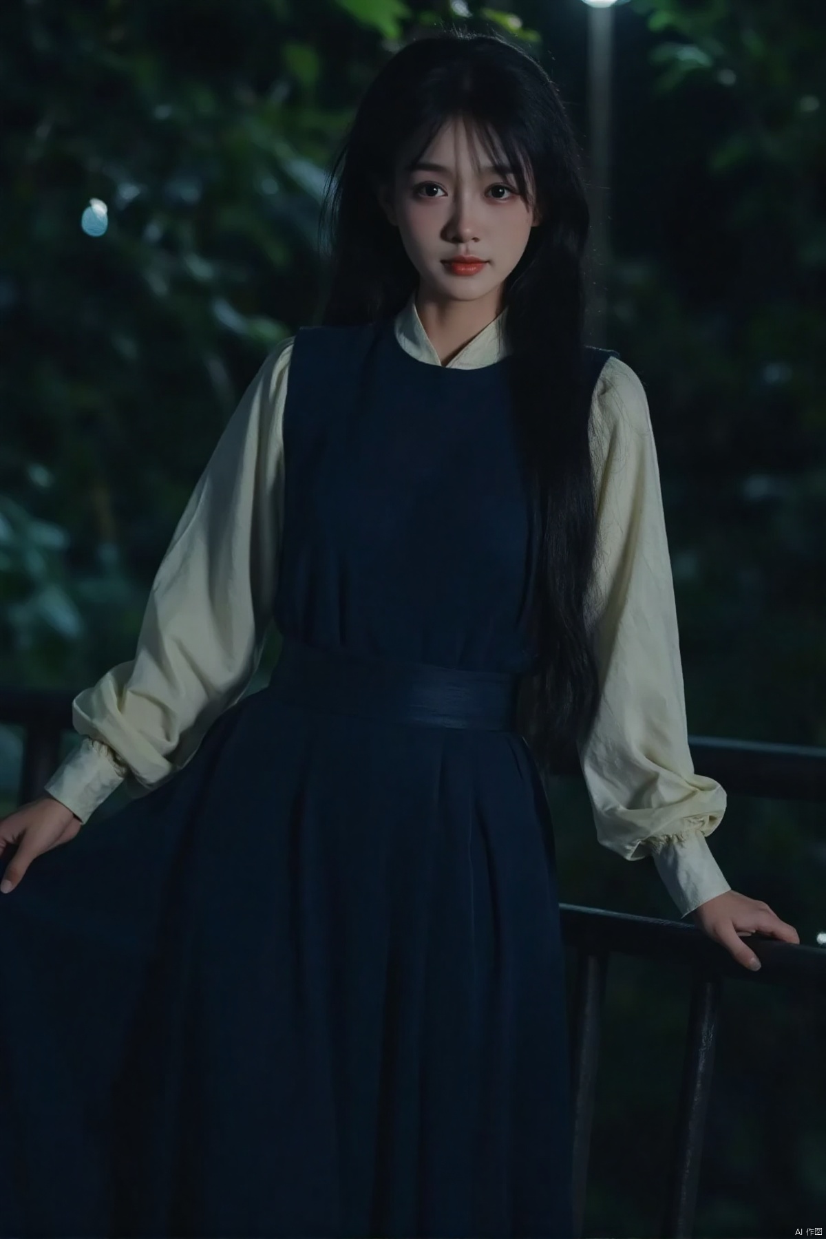 (a girl in a dark blue dress, light shirt, long hair, standing outdoors at night, illuminated trees, railing background, right hand outwards, beautiful detailed eyes,beautiful detailed lips,extremely detailed eyes and face,long eyelashes,best quality,4k,8k,highres,masterpiece:1.2),ultra-detailed,(realistic,photorealistic,photo-realistic:1.37),evening atmosphere,soft moonlight,serene night,cool tones,night sky,starlit,soft shadows,gentle breeze,calm expression,flowing hair,delicate features,ethereal glow,night photography,romantic ambiance,dreamy scene,peaceful mood,subtle lighting,shimmering leaves,nighttime serenity,tranquil setting,atmospheric perspective,moody vibe,night portrait