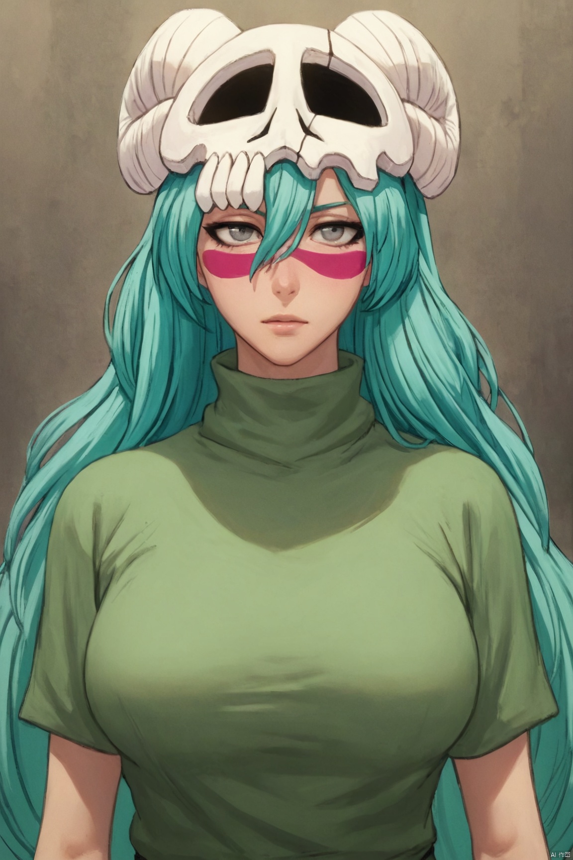 score_9_up,score_8_up,score_7_up,(Clear lines, high definition, Best quality,  masterpiece, 4K),1girl, solo, long hair, breasts, shirt, green hair, grey eyes, green clothes, aqua hair, facial mark, skull, green shirt,Nili Ailu