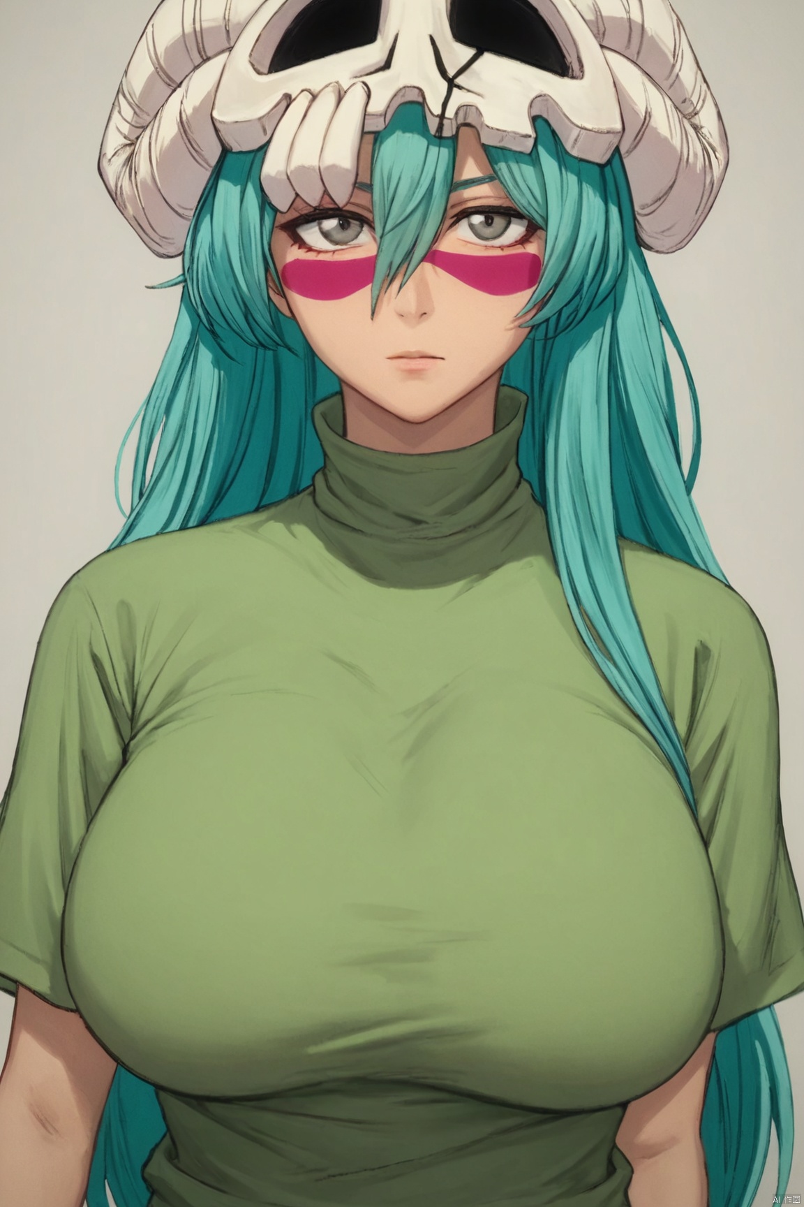 score_9_up,score_8_up,score_7_up,(Clear lines, high definition, Best quality,  masterpiece, 4K),1girl, solo, long hair,big breasts, shirt, green hair, grey eyes, green clothes, aqua hair, facial mark, skull, green shirt,Nili Ailu