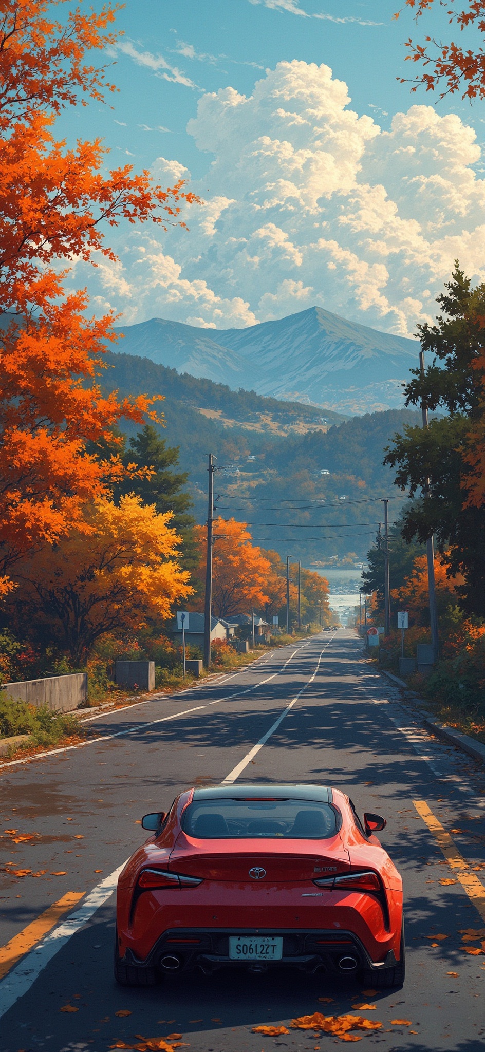 GHIBSKY style,  a Toyota sportscar running on a road in Japan,  with mountains on the horizon. View from the back on Tenso...