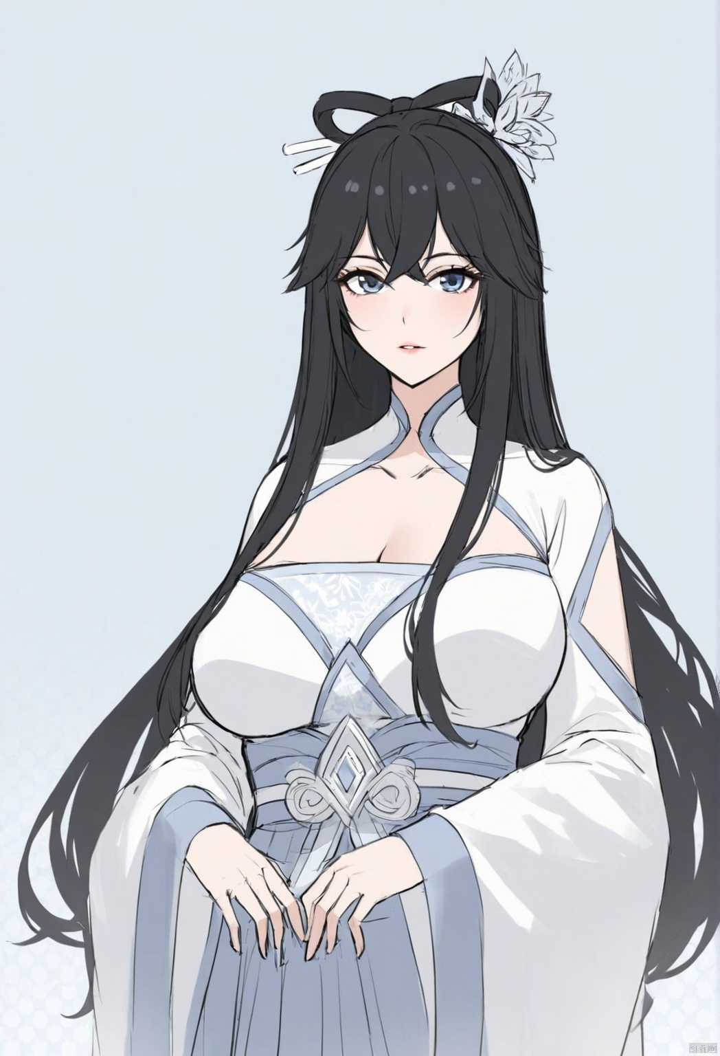 solo,highly detailed,(best quality),((masterpiece)),1girl,black hair,simple_background,long hair,white clothes,hanfu,looking_at_viewer,xiaoxiyue,