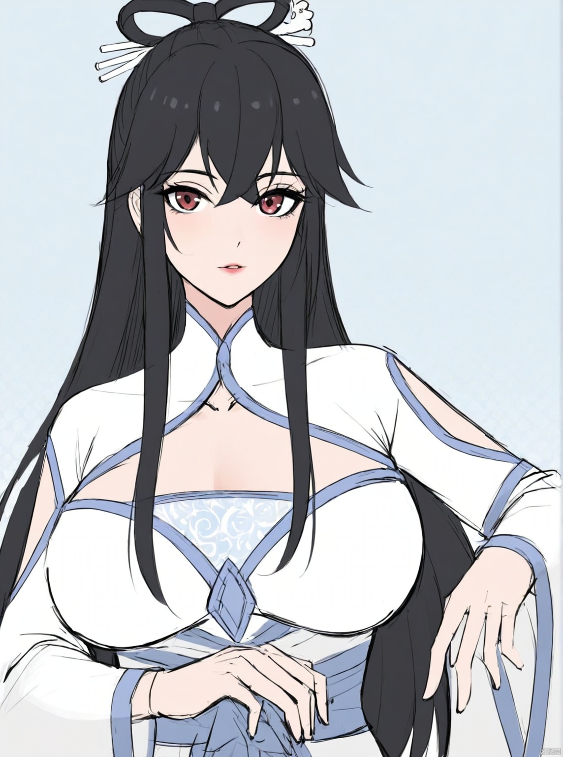 solo,highly detailed,(best quality),((masterpiece)),1girl,black hair,simple_background,long hair,white clothes,hanfu,looking_at_viewer,xiaoxiyue,