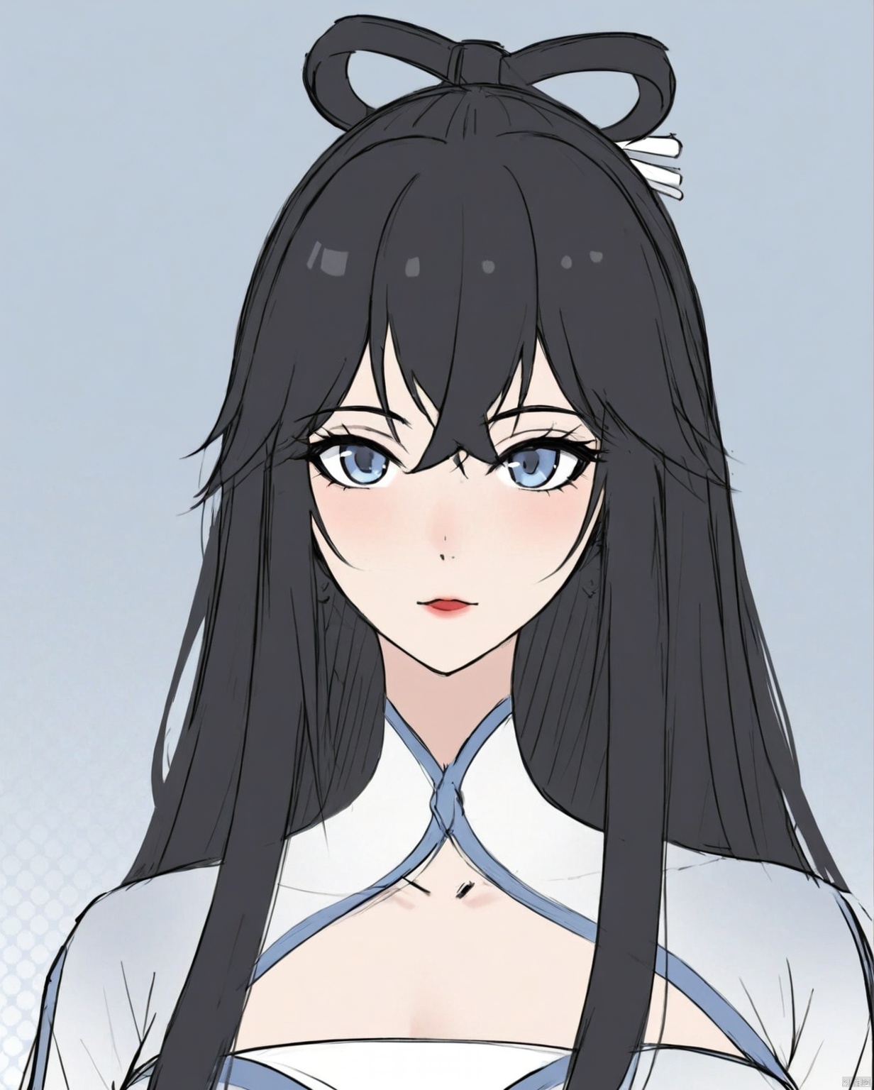 solo,highly detailed,(best quality),((masterpiece)),1girl,black hair,simple_background,long hair,white clothes,hanfu,looking_at_viewer,xiaoxiyue,shouhui,