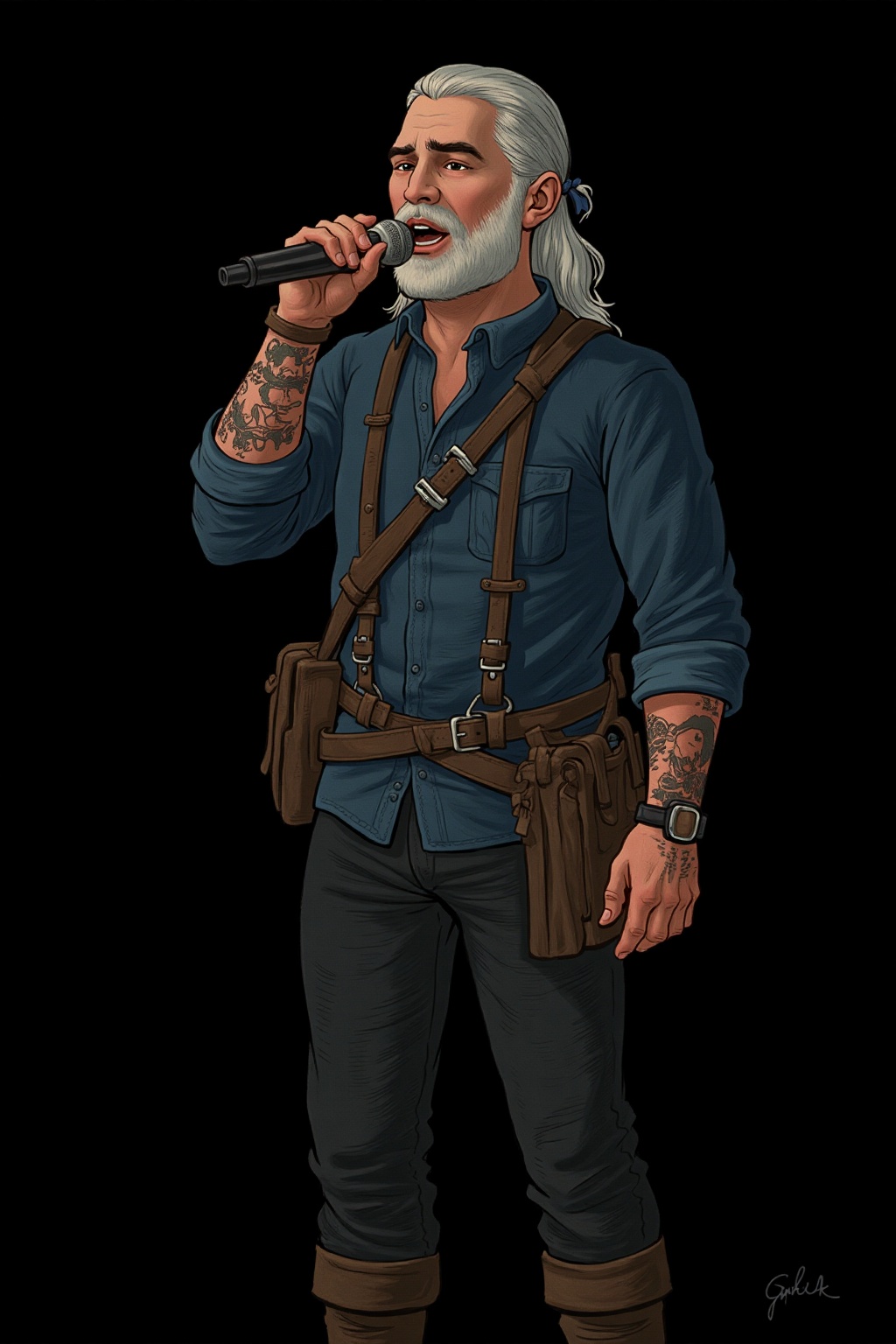4volokos4ysa_style,  cartoon drawing of Geralt of Rivia singing with microphone,  black background on Tensor.Art