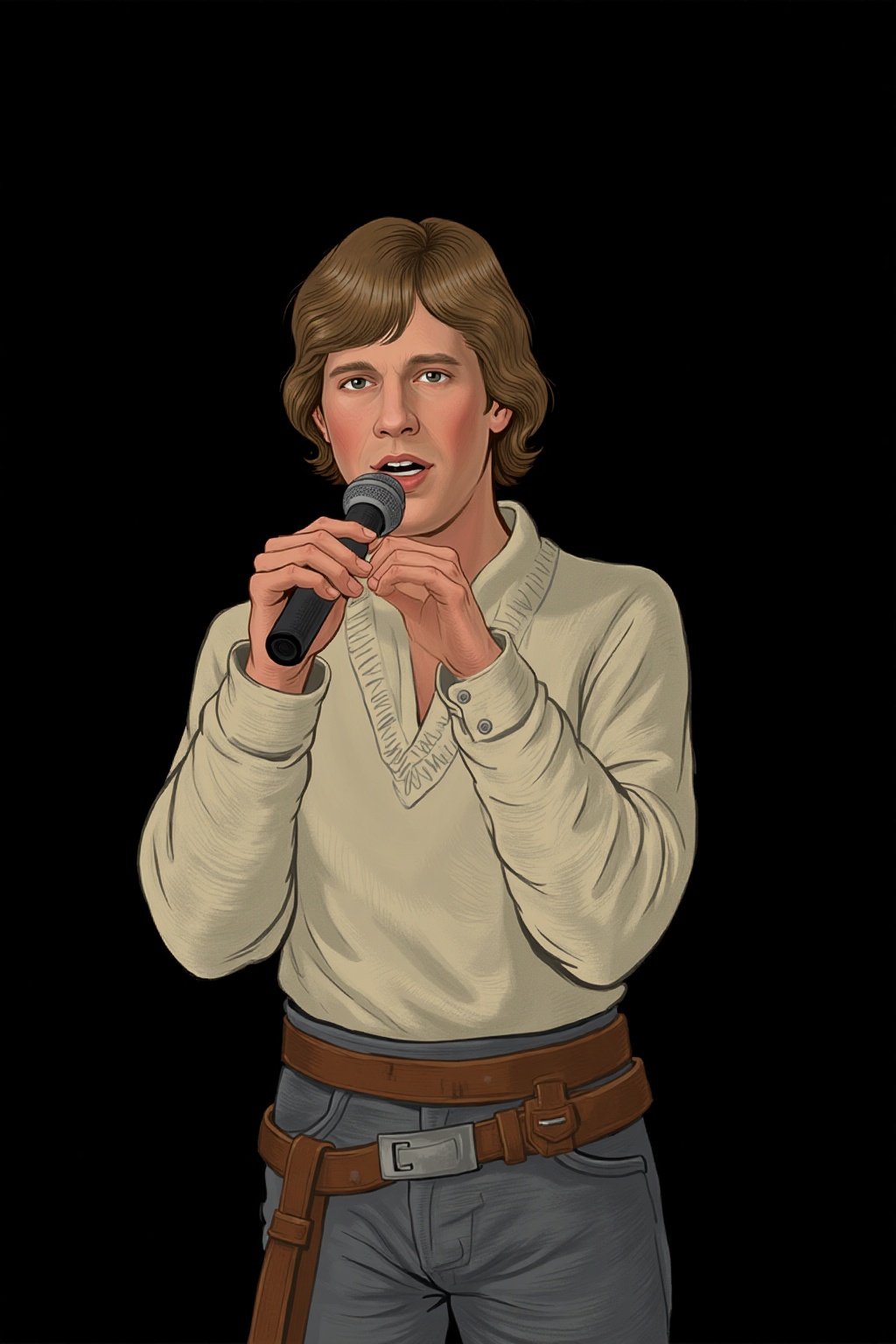 4volokos4ysa_style,  cartoon drawing of Luke Skywalker singing with microphone,  black background on Tensor.Art