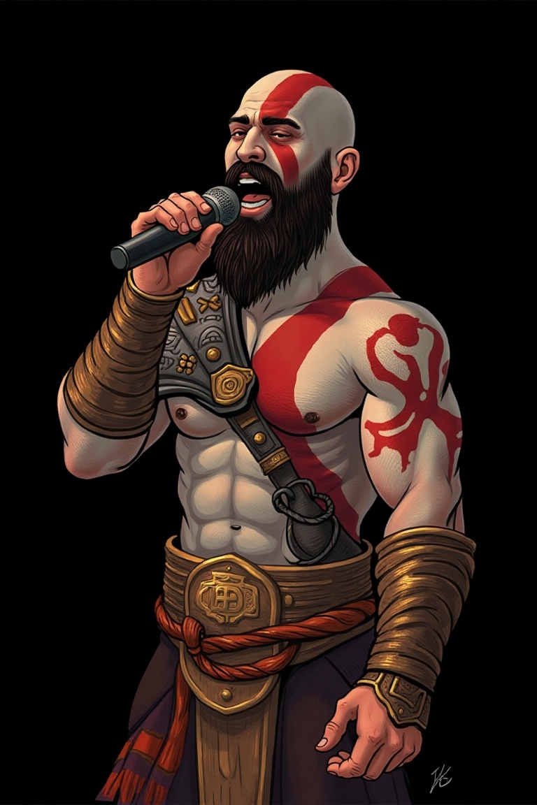 4volokos4ysa_style,  cartoon drawing of kratos god of war singing with microphone,  black background on Tensor.Art