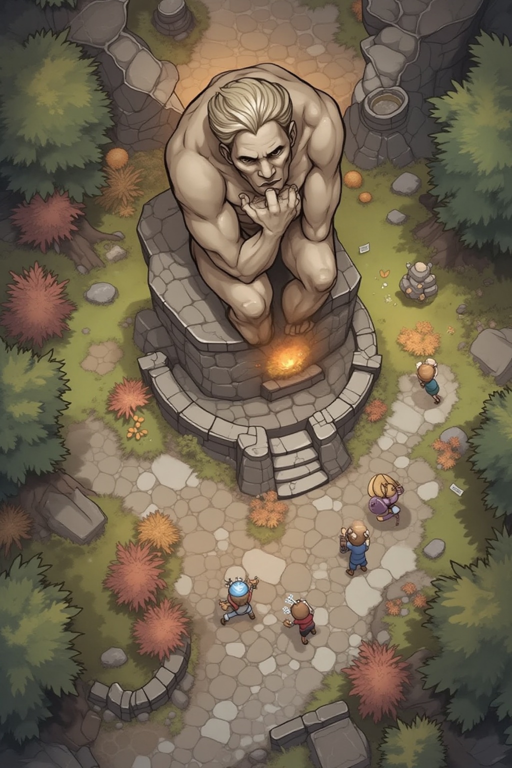 t0pv1ew,  digital cartoon top view of thinker statue. in the style of t0k on Tensor.Art