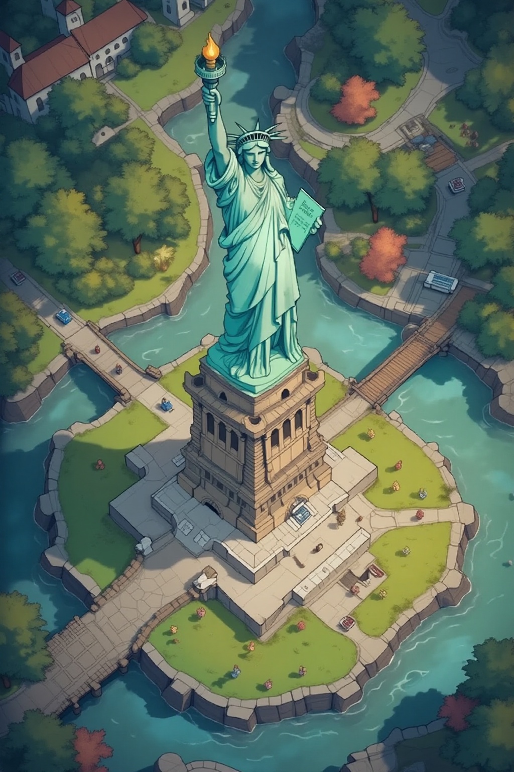 t0pv1ew,  digital cartoon top view of liberty statue. in the style of t0k on Tensor.Art
