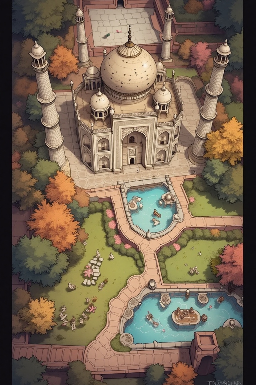 t0pv1ew,  digital cartoon top view of taj mahal. in the style of t0k on Tensor.Art