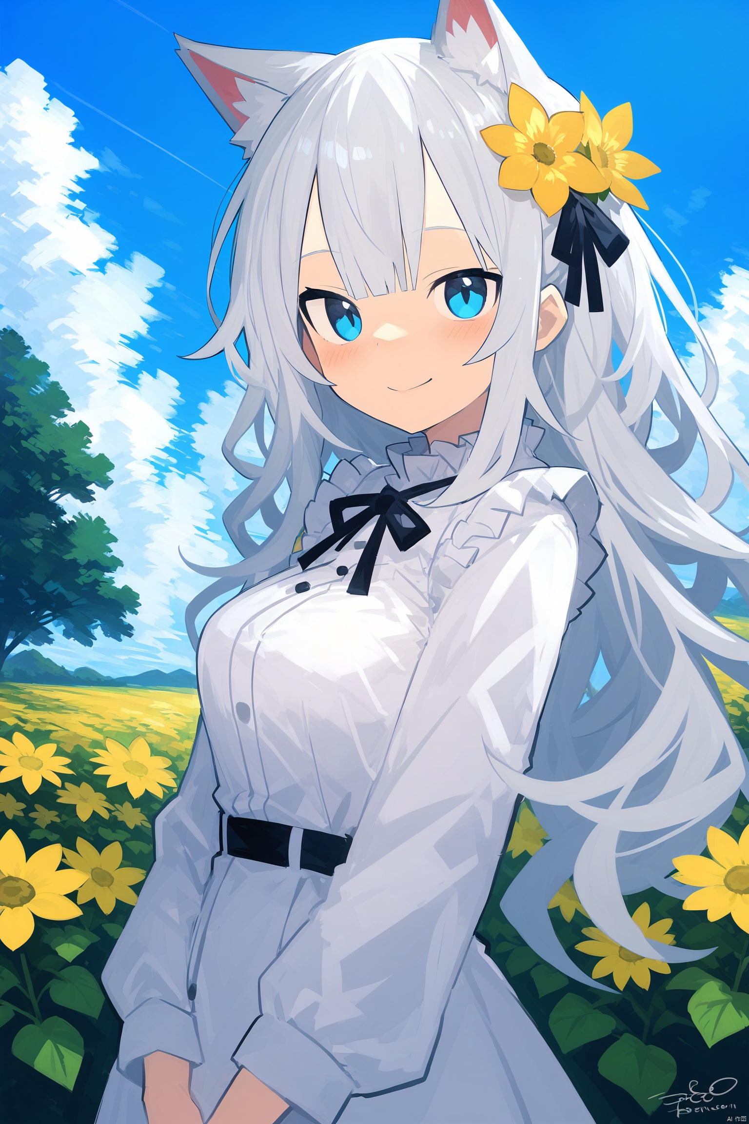 1girl, solo, long hair, breasts, looking at viewer, blush, smile, bangs, blue eyes, long sleeves, dress, animal ears, closed mouth, upper body, flower, white hair, grey hair, outdoors, frills, sky, day, cat ears, signature, white dress, from side, blue sky, animal ear fluff, looking to the side, extra ears, yellow flower