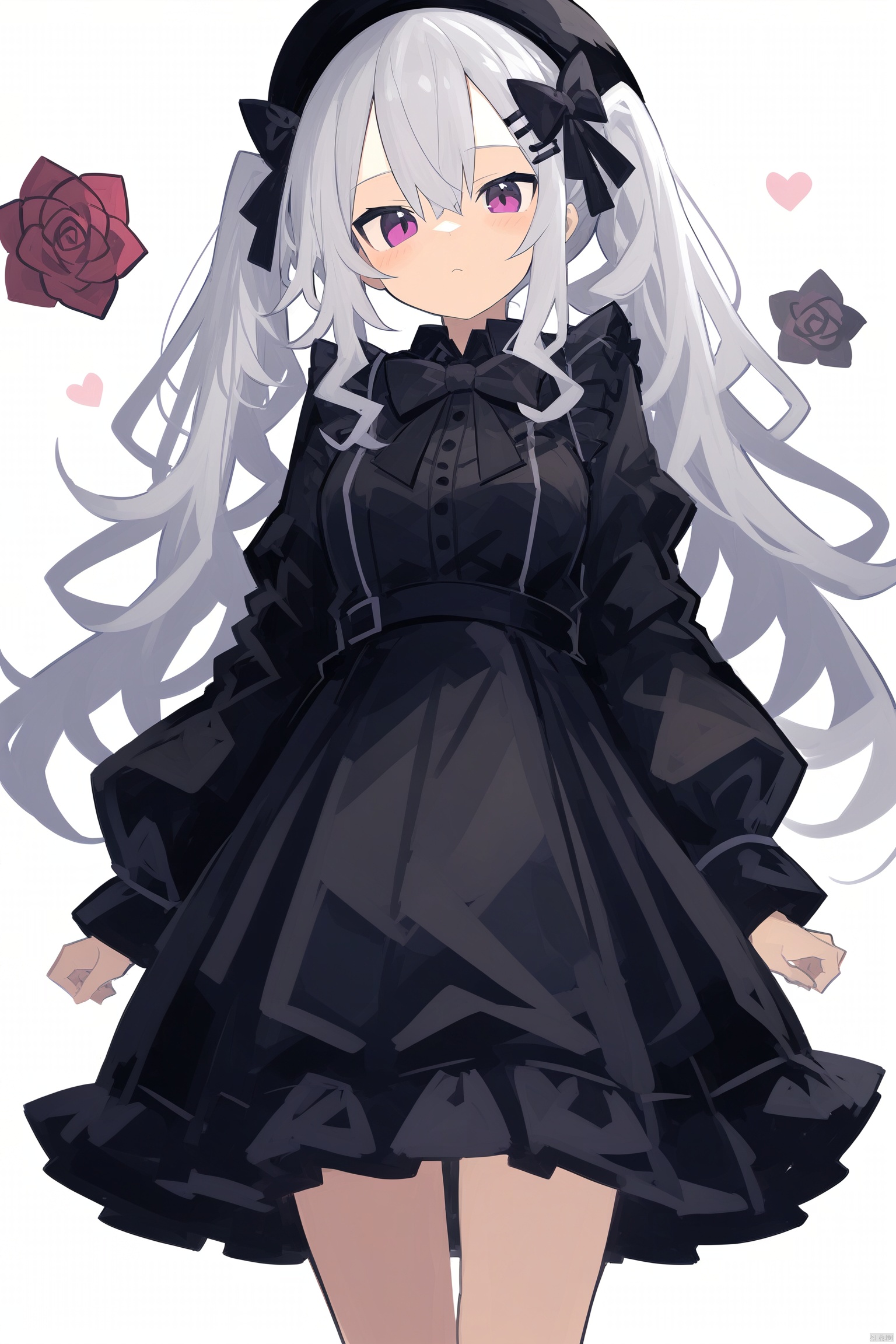 1girl, solo, long hair, looking at viewer, bangs, simple background, hair ornament, long sleeves, hat, white background, dress, bow, ribbon, hair between eyes, twintails, purple eyes, flower, grey hair, frills, puffy sleeves, wide sleeves, bowtie, black dress, black bow, rose, frilled dress, gem, lolita fashion, crystal, floating object