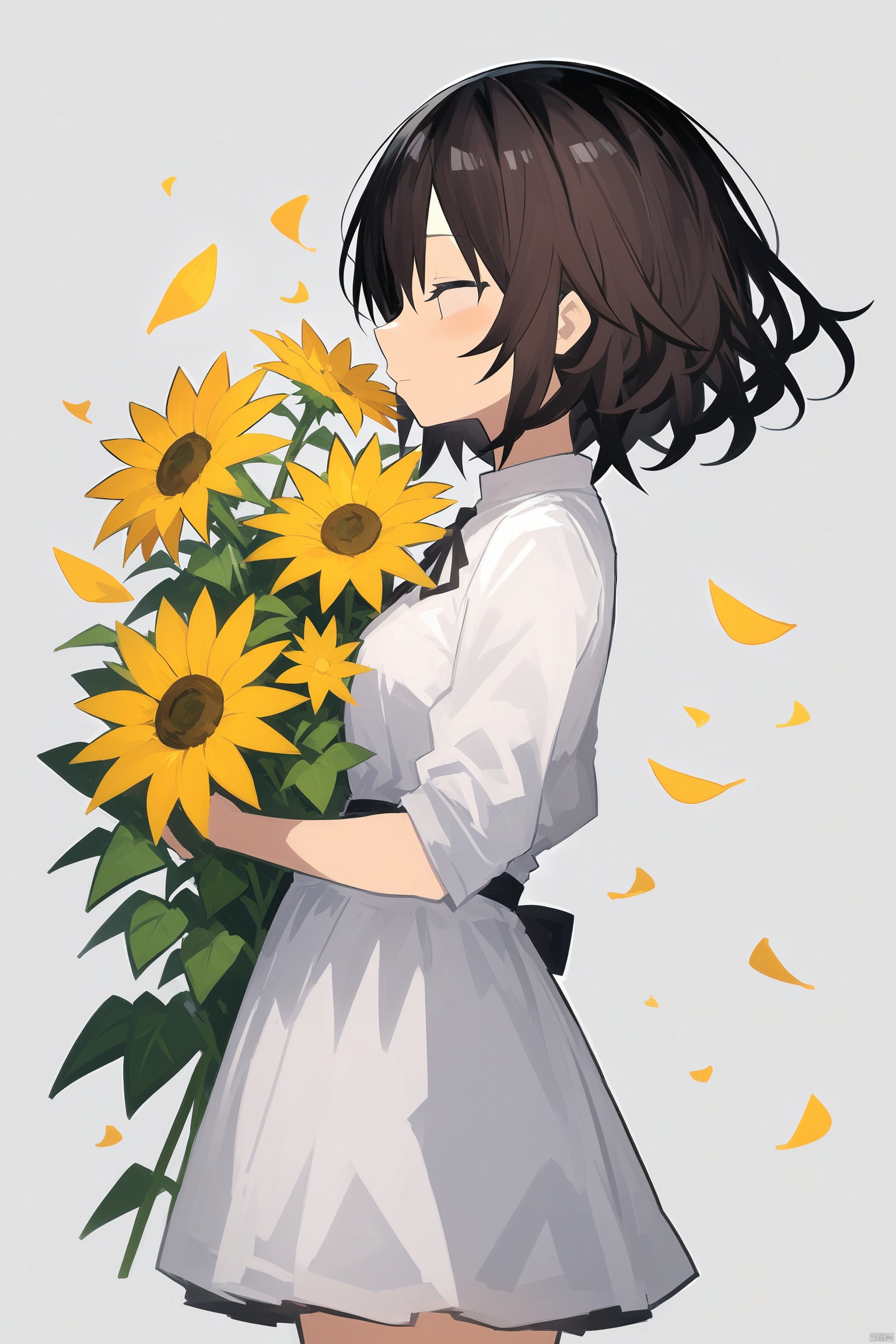 1girl, brown_hair, closed_eyes, dress, flower, from_side, grey_background, holding_flower, leaf, lily_\(flower\), orange_flower, petals, plant, profile, short_hair, solo, sunflower, white_dress, yellow_flower