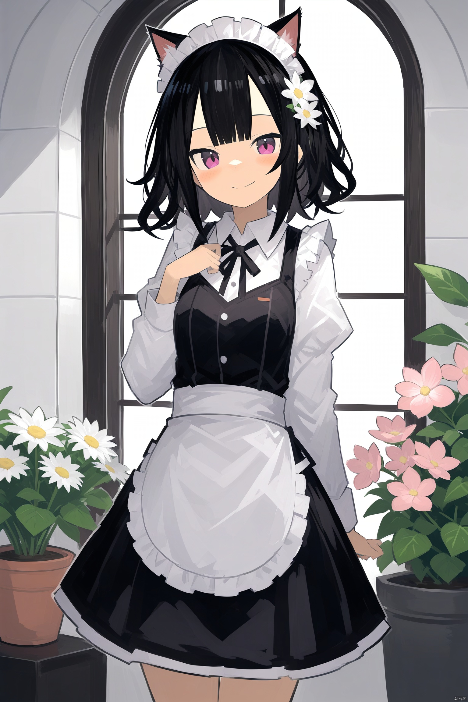1girl, animal_ear_fluff, animal_ears, apron, bangs, black_flower, black_hair, blue_flower, blush, bouquet, cat_ears, closed_mouth, daisy, door, eyebrows_visible_through_hair, flower, flower_field, hand_on_own_chest, hand_up, holding_bouquet, holding_flower, hydrangea, indoors, juliet_sleeves, lily_\(flower\), long_sleeves, maid, maid_headdress, orange_flower, pink_flower, plant, potted_plant, puffy_sleeves, purple_eyes, purple_flower, red_flower, rose, round_window, shirt, smile, solo, standing, tulip, vase, white_apron, white_flower, white_rose, white_shirt, window, yellow_flower