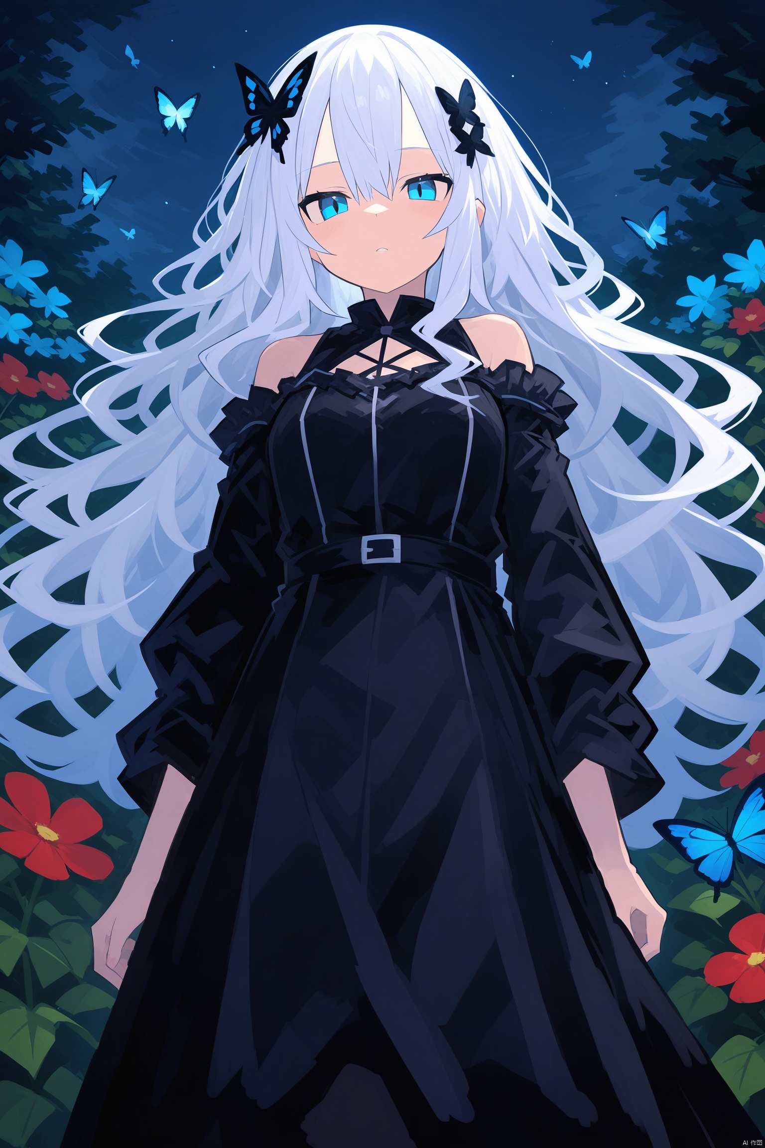 night,glowing eyes,gothic,long dress, 1 girl, solo, long white hair, blue eyes, detailed eyes, blink and youll miss it detail,butterfly, flower garden, high quality, floral background, very detailed,off shoulder