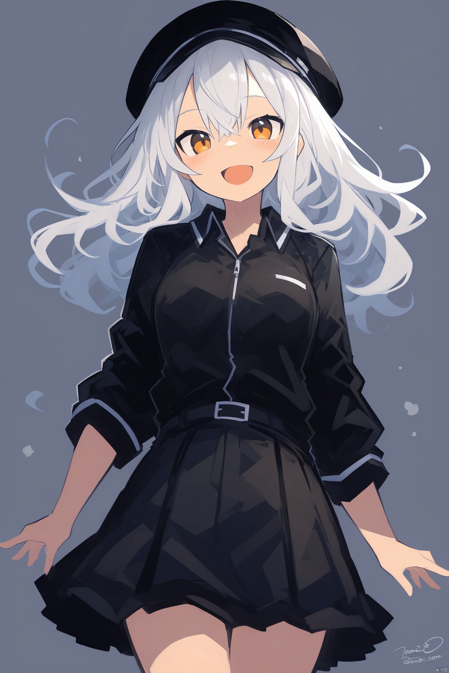 1girl, black_headwear, hair_between_eyes, hat, looking_at_viewer, open_mouth, signature, skirt, smile, solo