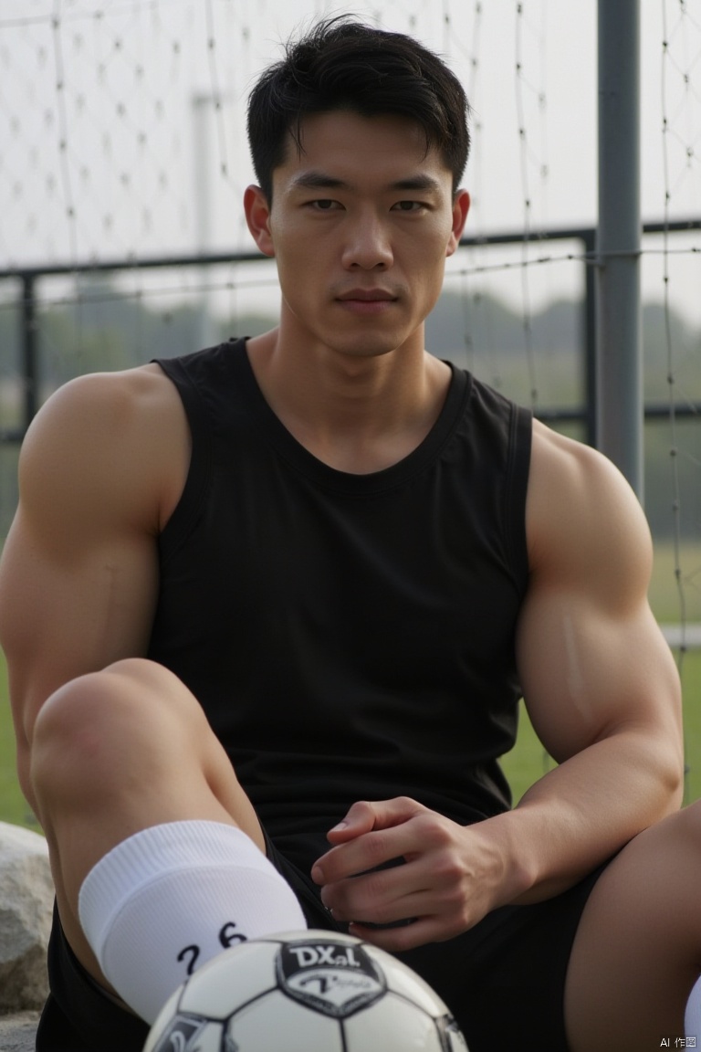 A solo athletic figure sits confidently looking directly at the viewer. His short, black hair is styled neatly, framing his chiseled features. He wears a black shirt with white sports socks and matching shorts, showcasing his toned physique. A fence serves as a subtle backdrop in the outdoor setting, where a soccer ball lies nearby. The strong lighting accentuates the subject's defined muscles, capturing a realistic and bara-inspired scene of a solitary athlete taking a moment to connect with the viewer.