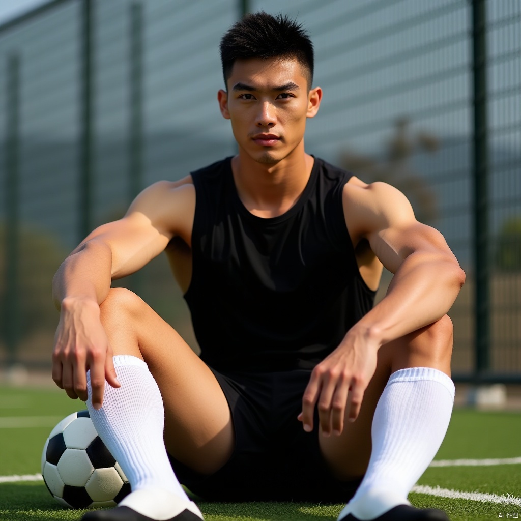 A solo athletic figure sits confidently looking directly at the viewer. His short, black hair is styled neatly, framing his chiseled features. He wears a black shirt with white sports socks and matching shorts, showcasing his toned physique. A fence serves as a subtle backdrop in the outdoor setting, where a soccer ball lies nearby. The strong lighting accentuates the subject's defined muscles, capturing a realistic and bara-inspired scene of a solitary athlete taking a moment to connect with the viewer.