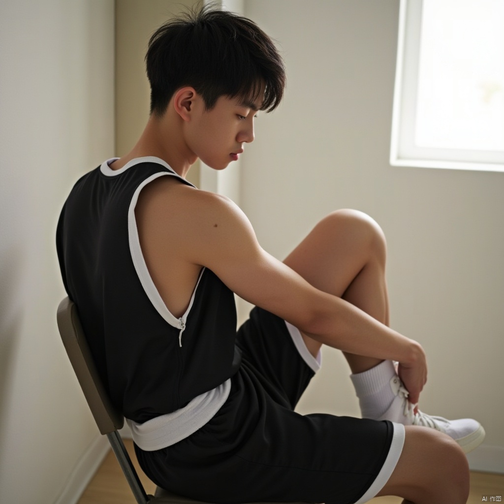 A solo figure of a young boy with black hair sits in a chair, his eyes directed downward. He wears a sleeveless basketball uniform with black shorts and white socks. His knees are bent and one leg is slightly lifted, showcasing his athletic build. The camera captures him from the side, highlighting his profile as he sits confidently indoors.