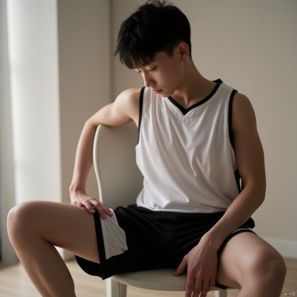 A solo figure of a young boy with black hair sits in a chair, his eyes directed downward. He wears a sleeveless basketball uniform with black shorts and white socks. His knees are bent and one leg is slightly lifted, showcasing his athletic build. The camera captures him from the side, highlighting his profile as he sits confidently indoors.