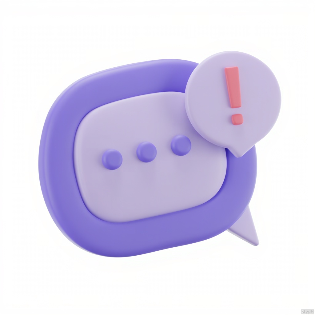 3D_icon, Captured from a low-angle perspective on a white backdrop, a vibrant purple figurine is positioned to the right of the figurine. The figurine has a round button with four blue circles on it, and a red exclamation mark in the middle of the button. The background is a stark white, creating a stark contrast to the purple figure. The figure is positioned in a way that creates a sense of depth and composition.