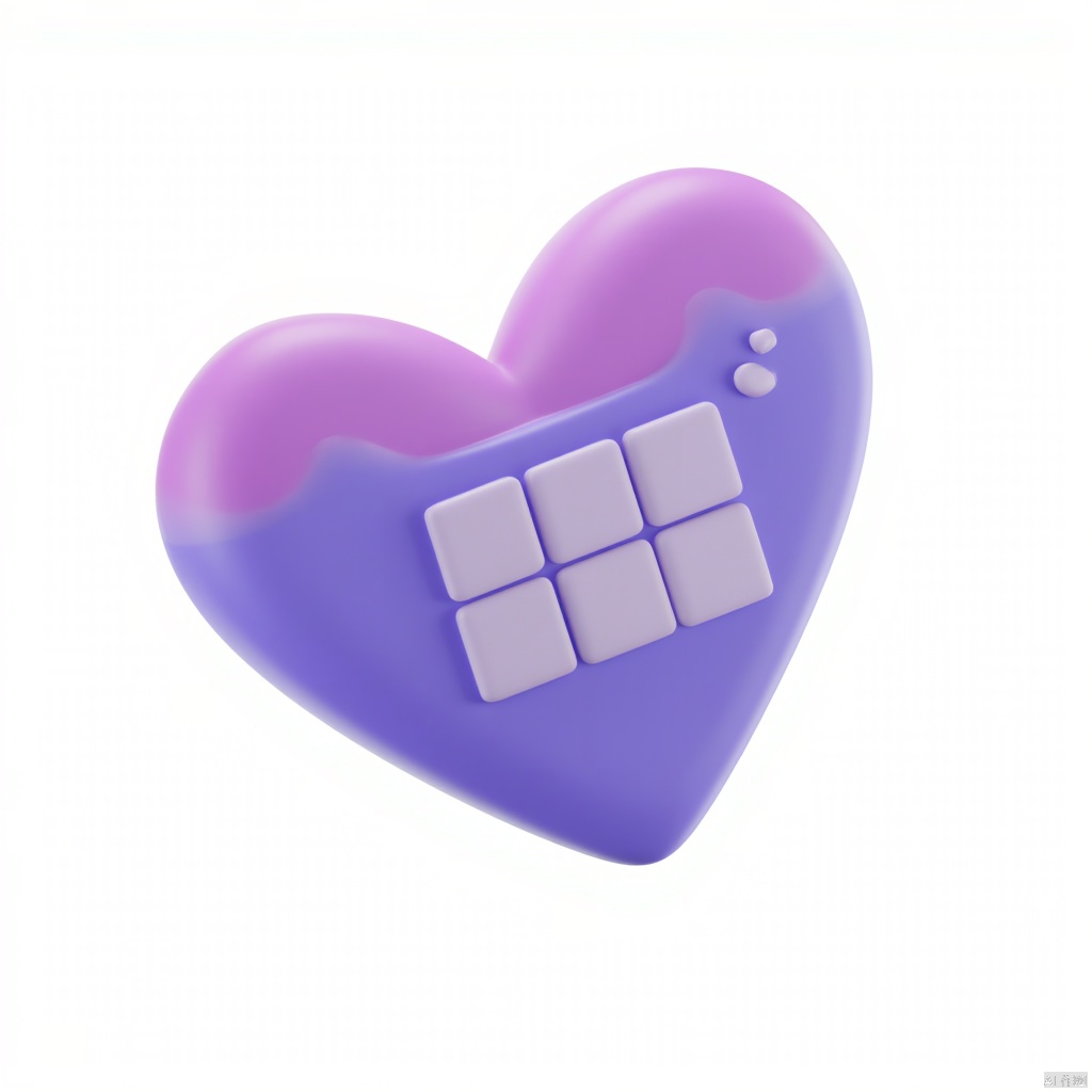3D_icon, a vibrant purple heart-shaped object is positioned against a stark white backdrop. The object is adorned with a few white square shapes, adding a pop of color to the otherwise monochromatic image. The heart- shaped object is the focal point of the image, with a vibrant shade of pink at the top and a darker shade of purple at the bottom.