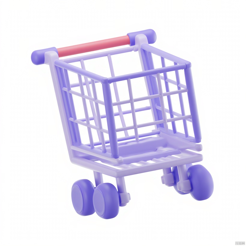 3D_icon, A 3D rendering of a purple shopping cart against a stark white backdrop. The handle of the shopping cart is a vibrant shade of purple, with a red stripe at the top of the handle. The cart is made up of a light purple material, with four purple wheels at the bottom of the frame. The wheels are also a darker purple color, and the handle is a lighter shade of red.