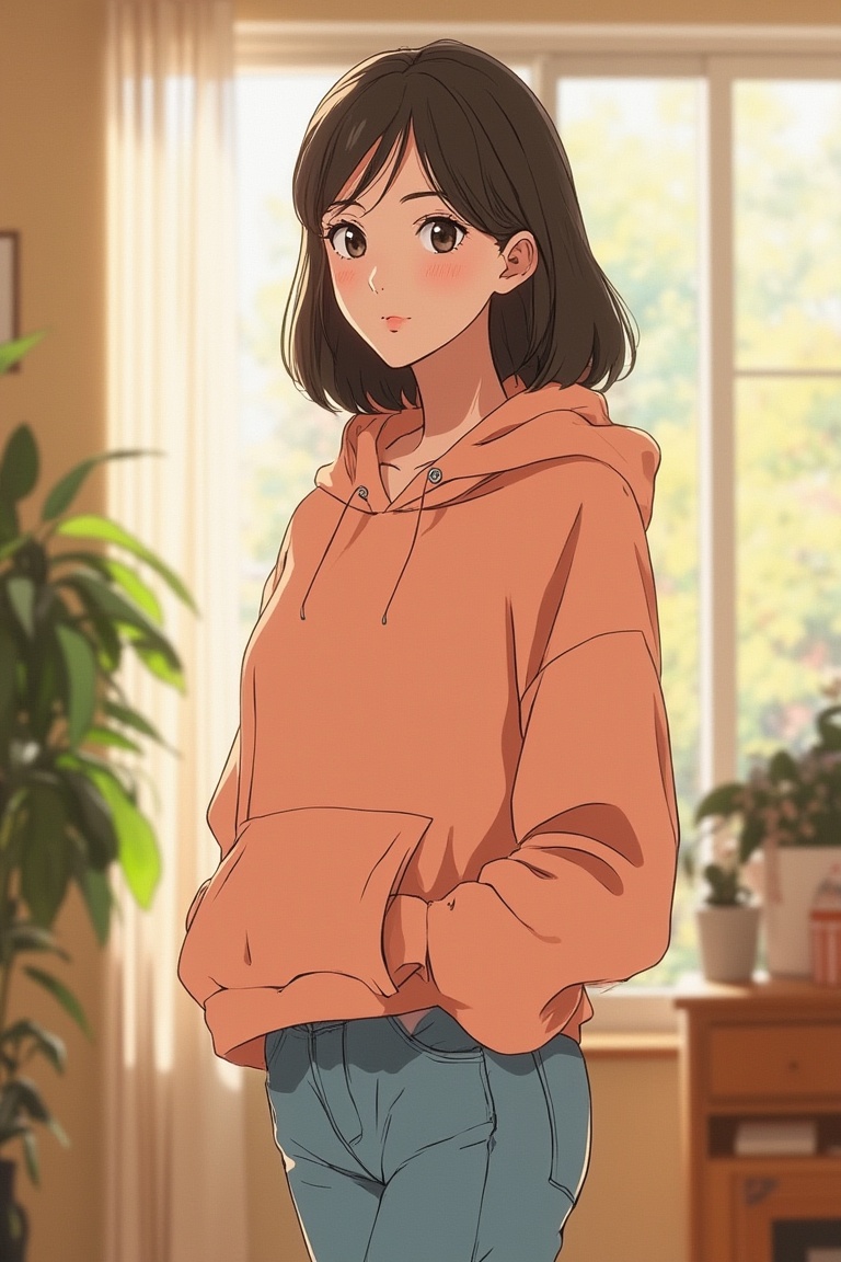 A vibrant Moe anime illustration featuring a young woman in casual wear,  standing in a cozy,  sunlit room. She wears a pa...