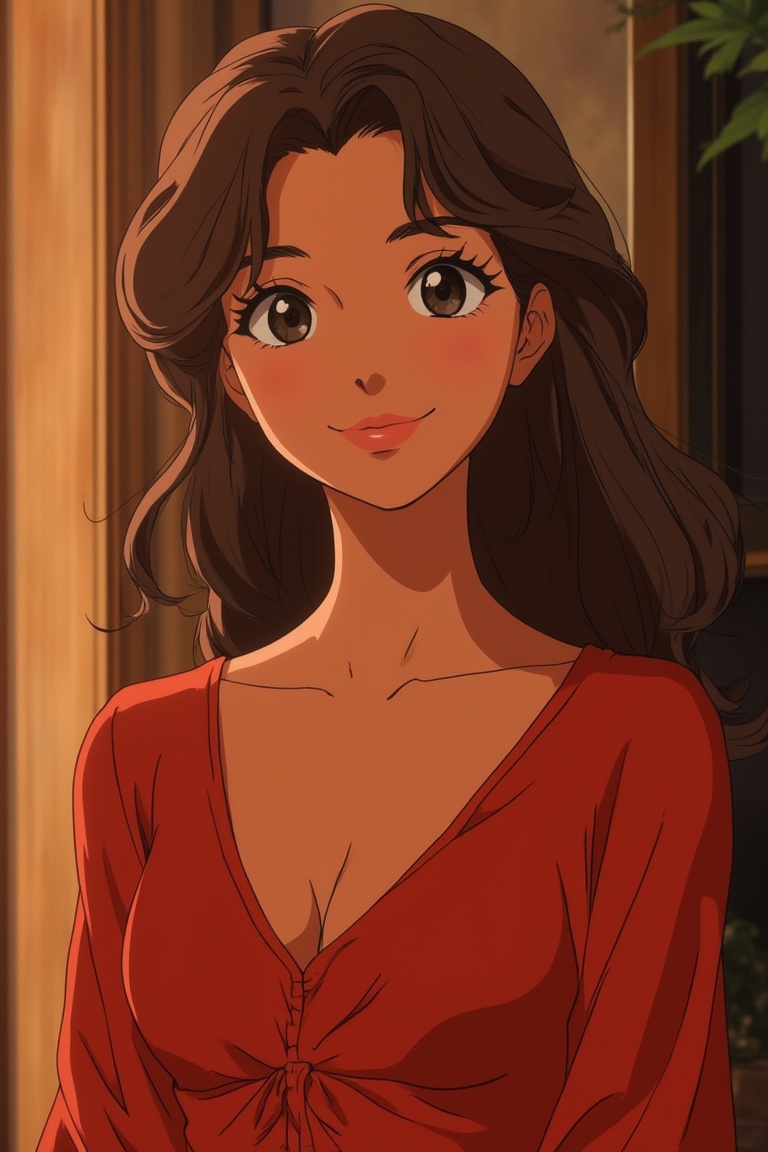 vibrant Moe anime portrait of a beautiful woman with wavy hair,  smiling warmly. Her eyes are large,  glossy on Tensor.Art