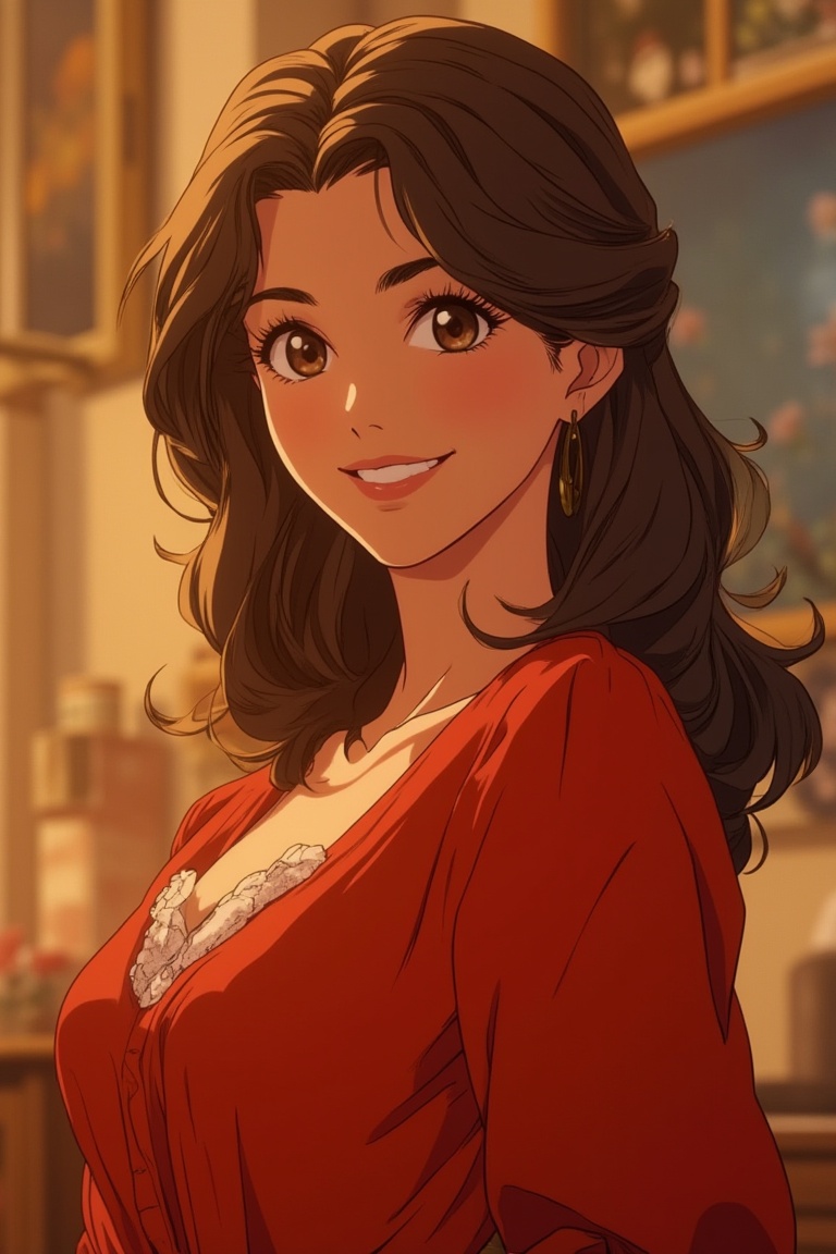 vibrant Moe anime portrait of a beautiful woman with wavy hair,  smiling warmly. Her eyes are large,  glossy on Tensor.Art