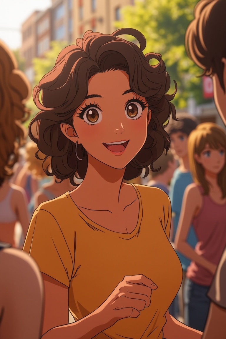 vibrant Moe anime scene of a beautiful woman with curly hair,  happily talking with friends. Her eyes are large,  glossy o...