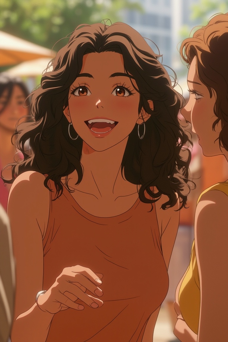 vibrant Moe anime scene of a beautiful woman with curly hair,  happily talking with friends. Her eyes are large,  glossy o...