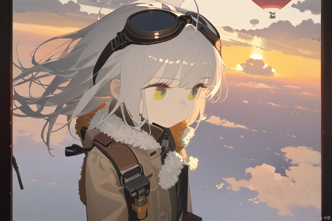 masterpiece,best quality,illustration,ultra detailed,hdr,Depth of field,(colorful),artist:tianliang duohe fangdongye,bright outline,1girl, solo, bomber jacket, pilot coat, goggles on the head, white long hair, Green eyes , four-leaf clover, wind-blown clothes, leather boots, leather material, bare legs, brown backpack, walkie-talkie, antenna, scout, exploration, signal transmitter, sunset, setting sun, Tyndall light, horizon, ultimate color, melancholy expression, the girl looks into the distance, parachute, cumulonimbus, clouds, aerial view, distant view, airship, hyperdetail, nature landscape, clouds,   