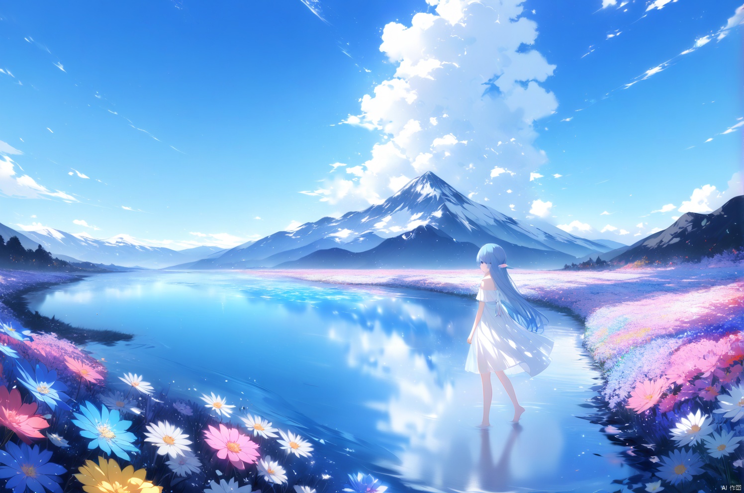 (masterpiece),(best quality),illustration,ultra detailed,hdr,depth of field,(colorful),[artist:wlop],[[artist:sheya]],artist:hiten_(hitenkei),absurdres,4K,extreme detail,panorama,high viewing angle,flower sea plain,colorful flower sea,breeze,a clear stream,shallow stream,mountains in the distance,blue sky shining on the water,rich environmental detailsA girl,blue hair,straight long hair,blue eyes,clear and bright eyes,slender figure,elf earsWearing a white simple dress,off the shoulder,bare_legs,barefoot,Walking in streams,treading water,head_down,light movements, 