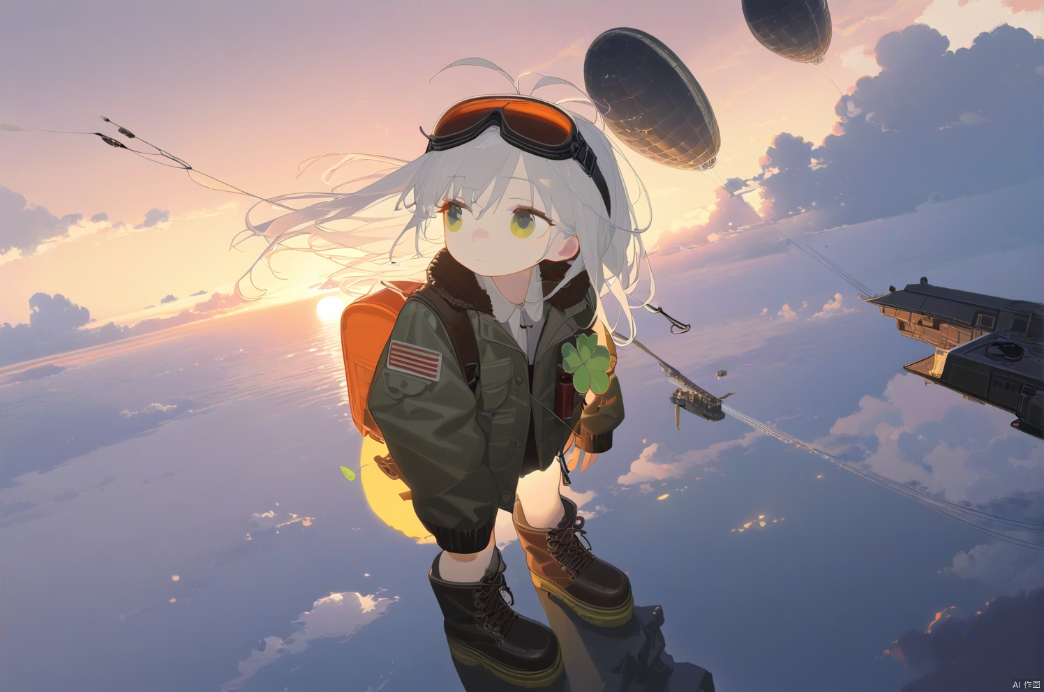 masterpiece,best quality,illustration,ultra detailed,hdr,Depth of field,(colorful),artist:tianliang duohe fangdongye,bright outline,1girl, solo, bomber jacket, pilot coat, goggles on the head, white long hair, Green eyes , four-leaf clover, wind-blown clothes, leather boots, leather material, bare legs, brown backpack, walkie-talkie, antenna, scout, exploration, signal transmitter, sunset, setting sun, Tyndall light, horizon, ultimate color, melancholy expression, the girl looks into the distance, parachute, cumulonimbus, clouds, aerial view, distant view, airship, hyperdetail, nature landscape, clouds,   