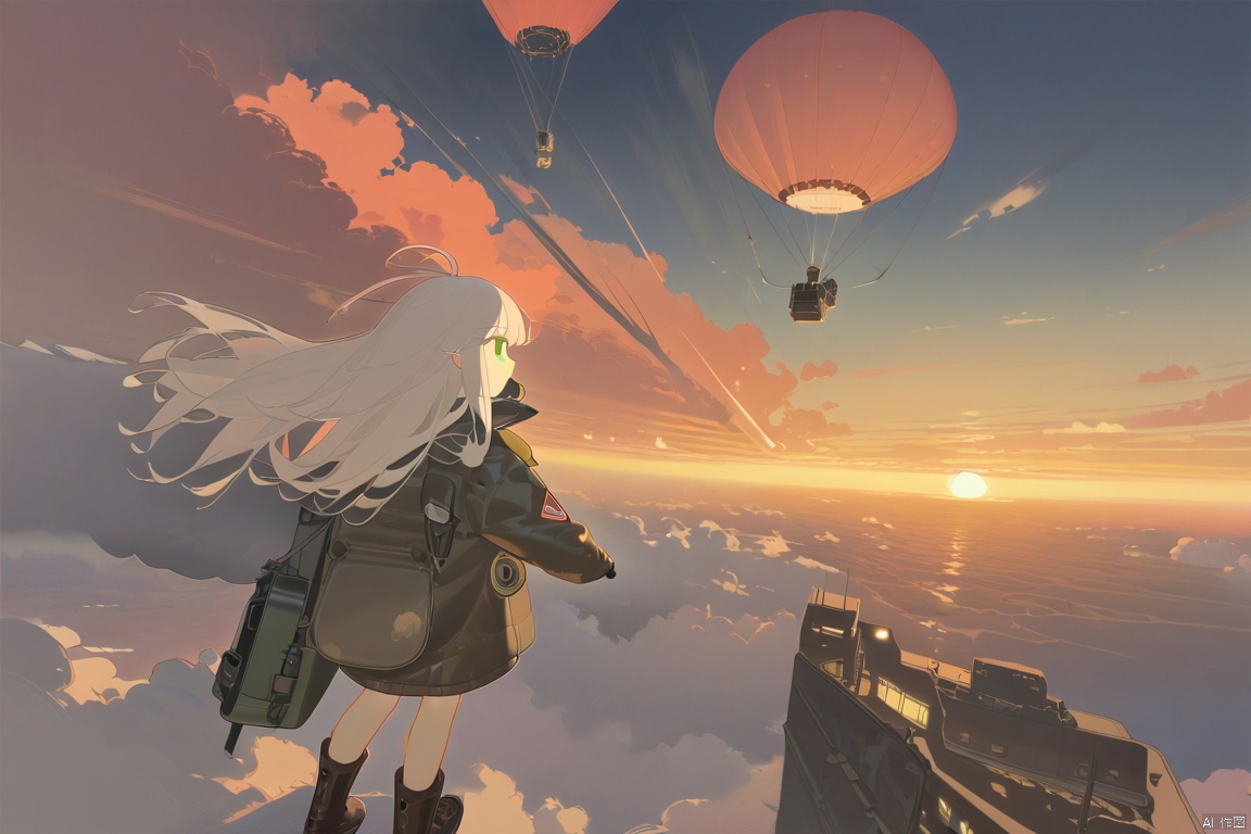 masterpiece,best quality,illustration,ultra detailed,hdr,Depth of field,(colorful),artist:tianliang duohe fangdongye,bright outline,1girl, solo, bomber jacket, pilot coat, goggles on the head, white long hair, Green eyes , four-leaf clover, wind-blown clothes, leather boots, leather material, bare legs, brown backpack, walkie-talkie, antenna, scout, exploration, signal transmitter, sunset, setting sun, Tyndall light, horizon, ultimate color, melancholy expression, the girl looks into the distance, parachute, cumulonimbus, clouds, aerial view, distant view, airship, hyperdetail, nature landscape, clouds,   
