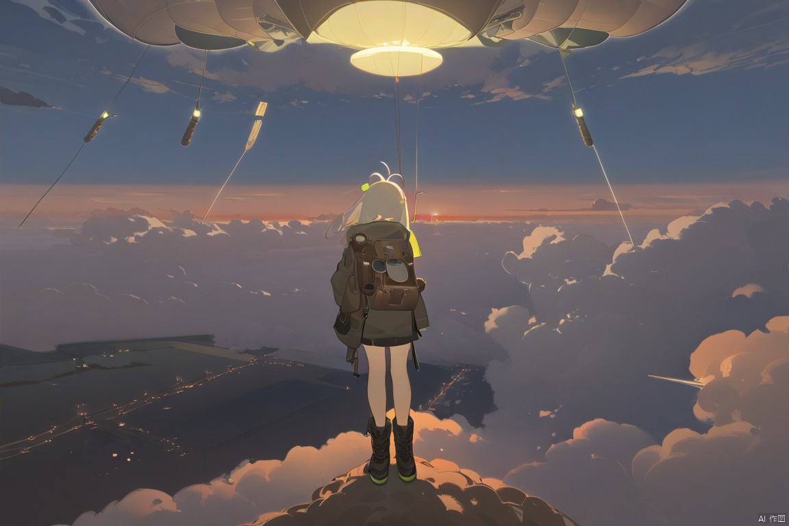 masterpiece,best quality,illustration,ultra detailed,hdr,Depth of field,(colorful),artist:tianliang duohe fangdongye,bright outline,1girl, solo, bomber jacket, pilot coat, goggles on the head, white long hair, Green eyes , four-leaf clover, wind-blown clothes, leather boots, leather material, bare legs, brown backpack, walkie-talkie, antenna, scout, exploration, signal transmitter, sunset, setting sun, Tyndall light, horizon, ultimate color, melancholy expression, the girl looks into the distance, parachute, cumulonimbus, clouds, aerial view, distant view, airship, hyperdetail, nature landscape, clouds,   