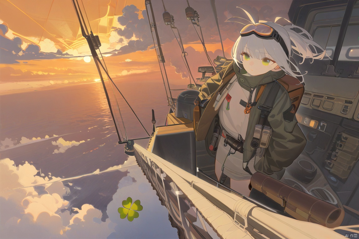masterpiece,best quality,illustration,ultra detailed,hdr,Depth of field,(colorful),artist:tianliang duohe fangdongye,bright outline,1girl, solo, bomber jacket, pilot coat, goggles on the head, white long hair, Green eyes , four-leaf clover, wind-blown clothes, leather boots, leather material, bare legs, brown backpack, walkie-talkie, antenna, scout, exploration, signal transmitter, sunset, setting sun, Tyndall light, horizon, ultimate color, melancholy expression, the girl looks into the distance, parachute, cumulonimbus, clouds, aerial view, distant view, airship, hyperdetail, nature landscape, clouds,   
