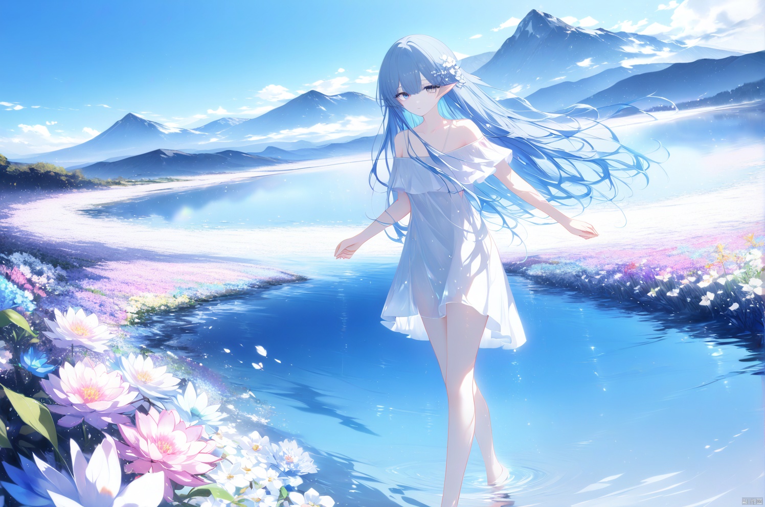 (masterpiece),(best quality),illustration,ultra detailed,hdr,depth of field,(colorful),[artist:wlop],[[artist:sheya]],artist:hiten_(hitenkei),absurdres,4K,extreme detail,panorama,high viewing angle,flower sea plain,colorful flower sea,breeze,a clear stream,shallow stream,mountains in the distance,blue sky shining on the water,rich environmental detailsA girl,blue hair,straight long hair,blue eyes,clear and bright eyes,slender figure,elf earsWearing a white simple dress,off the shoulder,bare_legs,barefoot,Walking in streams,treading water,head_down,light movements, 