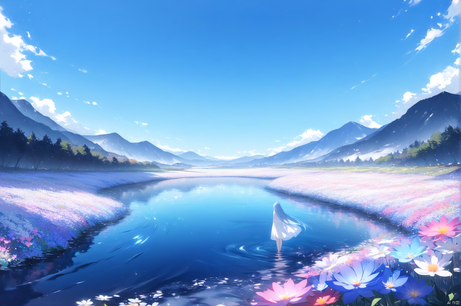 (masterpiece),(best quality),illustration,ultra detailed,hdr,depth of field,(colorful),[artist:wlop],[[artist:sheya]],artist:hiten_(hitenkei),absurdres,4K,extreme detail,panorama,high viewing angle,flower sea plain,colorful flower sea,breeze,a clear stream,shallow stream,mountains in the distance,blue sky shining on the water,rich environmental detailsA girl,blue hair,straight long hair,blue eyes,clear and bright eyes,slender figure,elf earsWearing a white simple dress,off the shoulder,bare_legs,barefoot,Walking in streams,treading water,head_down,light movements, 