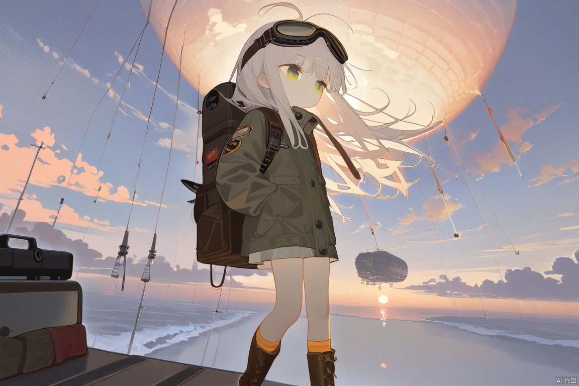 masterpiece,best quality,illustration,ultra detailed,hdr,Depth of field,(colorful),artist:tianliang duohe fangdongye,bright outline,1girl, solo, bomber jacket, pilot coat, goggles on the head, white long hair, Green eyes , four-leaf clover, wind-blown clothes, leather boots, leather material, bare legs, brown backpack, walkie-talkie, antenna, scout, exploration, signal transmitter, sunset, setting sun, Tyndall light, horizon, ultimate color, melancholy expression, the girl looks into the distance, parachute, cumulonimbus, clouds, aerial view, distant view, airship, hyperdetail, nature landscape, clouds,   