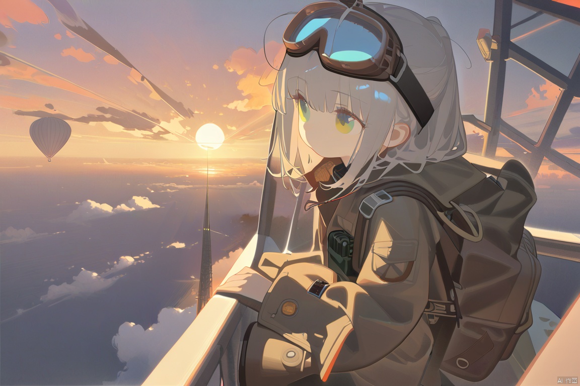 masterpiece,best quality,illustration,ultra detailed,hdr,Depth of field,(colorful),artist:tianliang duohe fangdongye,bright outline,1girl, solo, bomber jacket, pilot coat, goggles on the head, white long hair, Green eyes , four-leaf clover, wind-blown clothes, leather boots, leather material, bare legs, brown backpack, walkie-talkie, antenna, scout, exploration, signal transmitter, sunset, setting sun, Tyndall light, horizon, ultimate color, melancholy expression, the girl looks into the distance, parachute, cumulonimbus, clouds, aerial view, distant view, airship, hyperdetail, nature landscape, clouds,   