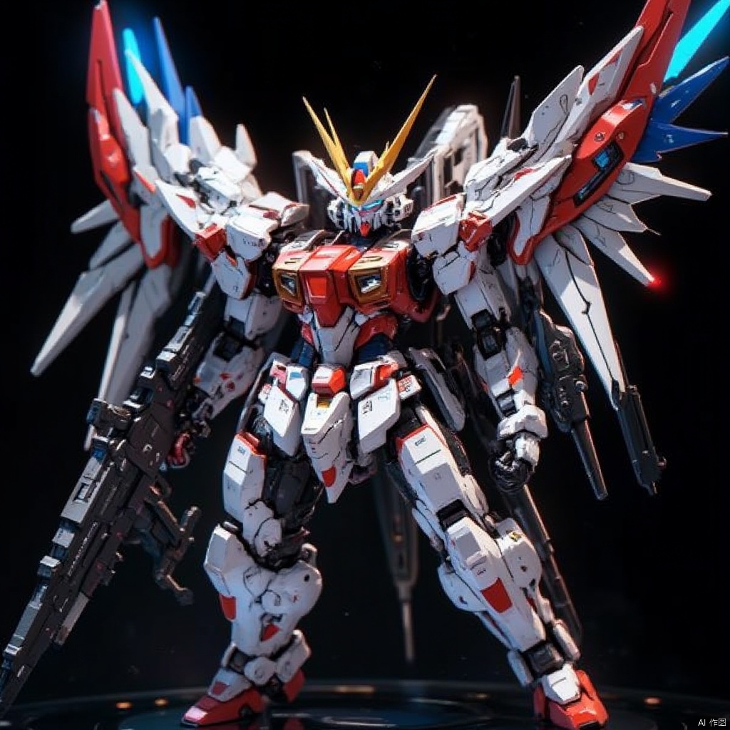 Gundam Robots,a medium-angle shot captures a robot in a stark contrast of white,red,and blue. The robot's body is adorned with red accents,adding a pop of color to the otherwise monochromatic composition. The backdrop is a deep black,creating a striking striking contrast to the robot's white and red accents