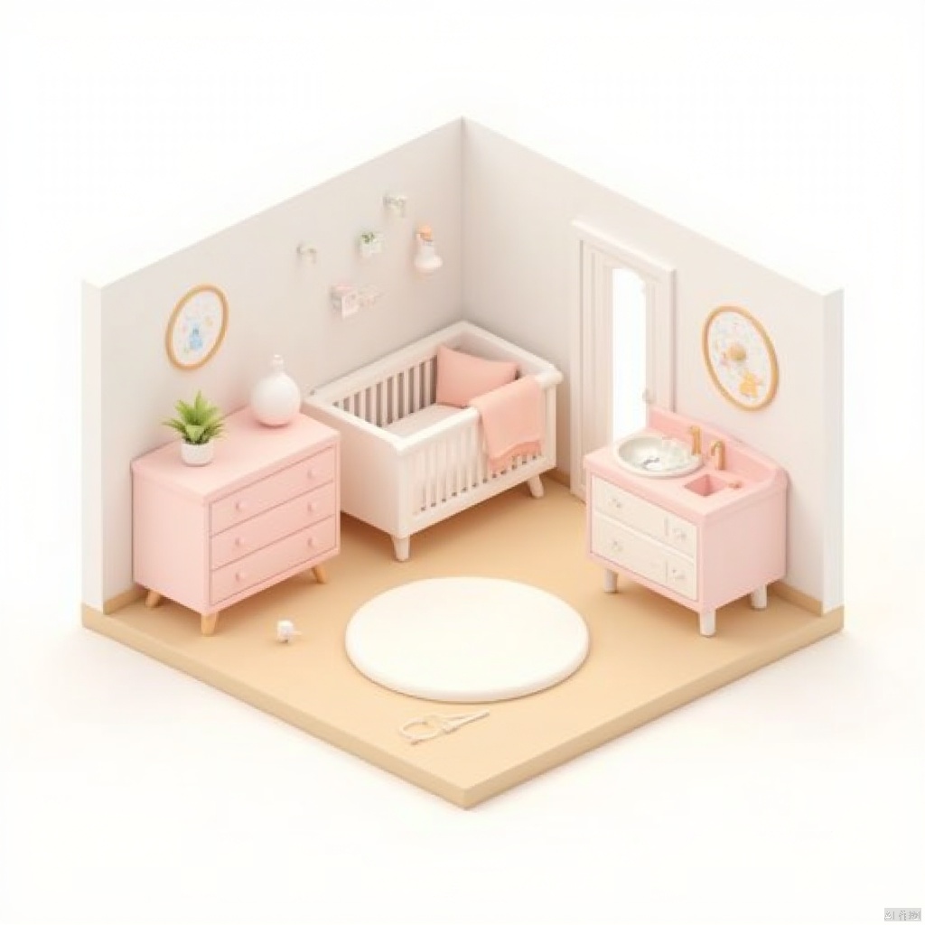  Isometric rooms,a miniature dollhouse is displayed against a stark white backdrop. The dollhouse features a white crib,a pink bed,a white dresser,and a pink sink. The dresser and sink are adorned with white knobs and drawers. The floor is a light beige color,and the walls are painted a light shade of white. A white circular rug is positioned in the middle of the dollhouse,adding a touch of contrast to the scene.