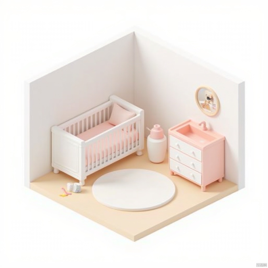  Isometric rooms,a miniature dollhouse is displayed against a stark white backdrop. The dollhouse features a white crib,a pink bed,a white dresser,and a pink sink. The dresser and sink are adorned with white knobs and drawers. The floor is a light beige color,and the walls are painted a light shade of white. A white circular rug is positioned in the middle of the dollhouse,adding a touch of contrast to the scene.