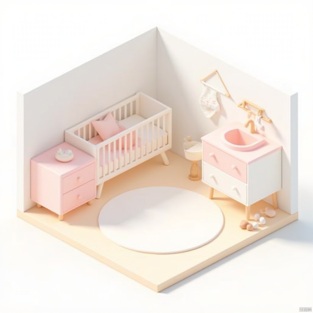  Isometric rooms,a miniature dollhouse is displayed against a stark white backdrop. The dollhouse features a white crib,a pink bed,a white dresser,and a pink sink. The dresser and sink are adorned with white knobs and drawers. The floor is a light beige color,and the walls are painted a light shade of white. A white circular rug is positioned in the middle of the dollhouse,adding a touch of contrast to the scene.