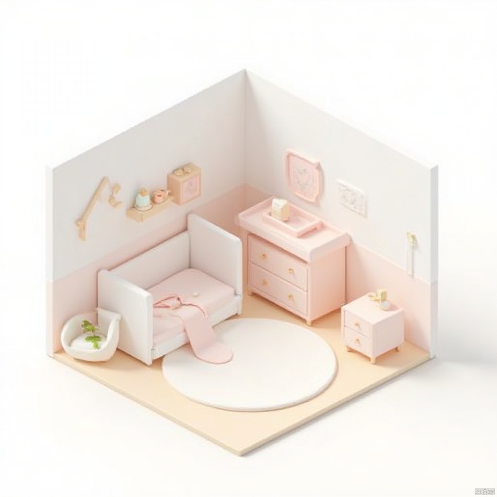  Isometric rooms,a miniature dollhouse is displayed against a stark white backdrop. The dollhouse features a white crib,a pink bed,a white dresser,and a pink sink. The dresser and sink are adorned with white knobs and drawers. The floor is a light beige color,and the walls are painted a light shade of white. A white circular rug is positioned in the middle of the dollhouse,adding a touch of contrast to the scene.