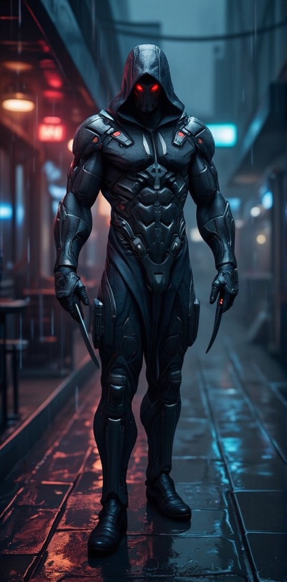 Depict a sleek,  stealthy cyborg assassin standing in a shadowy alleyway,  rain pouring down and neon lights reflecting on...